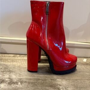 Fashion Nova Glossy Red Heeled Boots